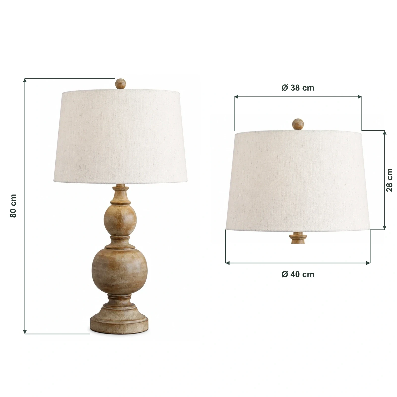 Schéma dimensionnel indiquant la hauteur totale 80 cm, la hauteur de l'abat-jour 28 cm, le diamètre supérieur 38 cm et le diamètre inférieur 40 cm.