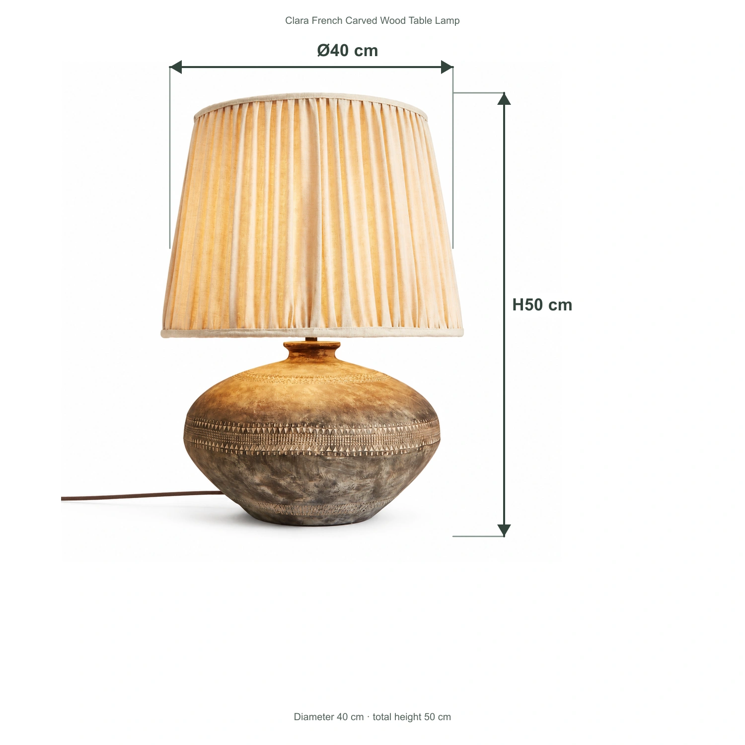 Dimensions de la lampe de table Clara : 40 cm de diamètre et 50 cm de hauteur