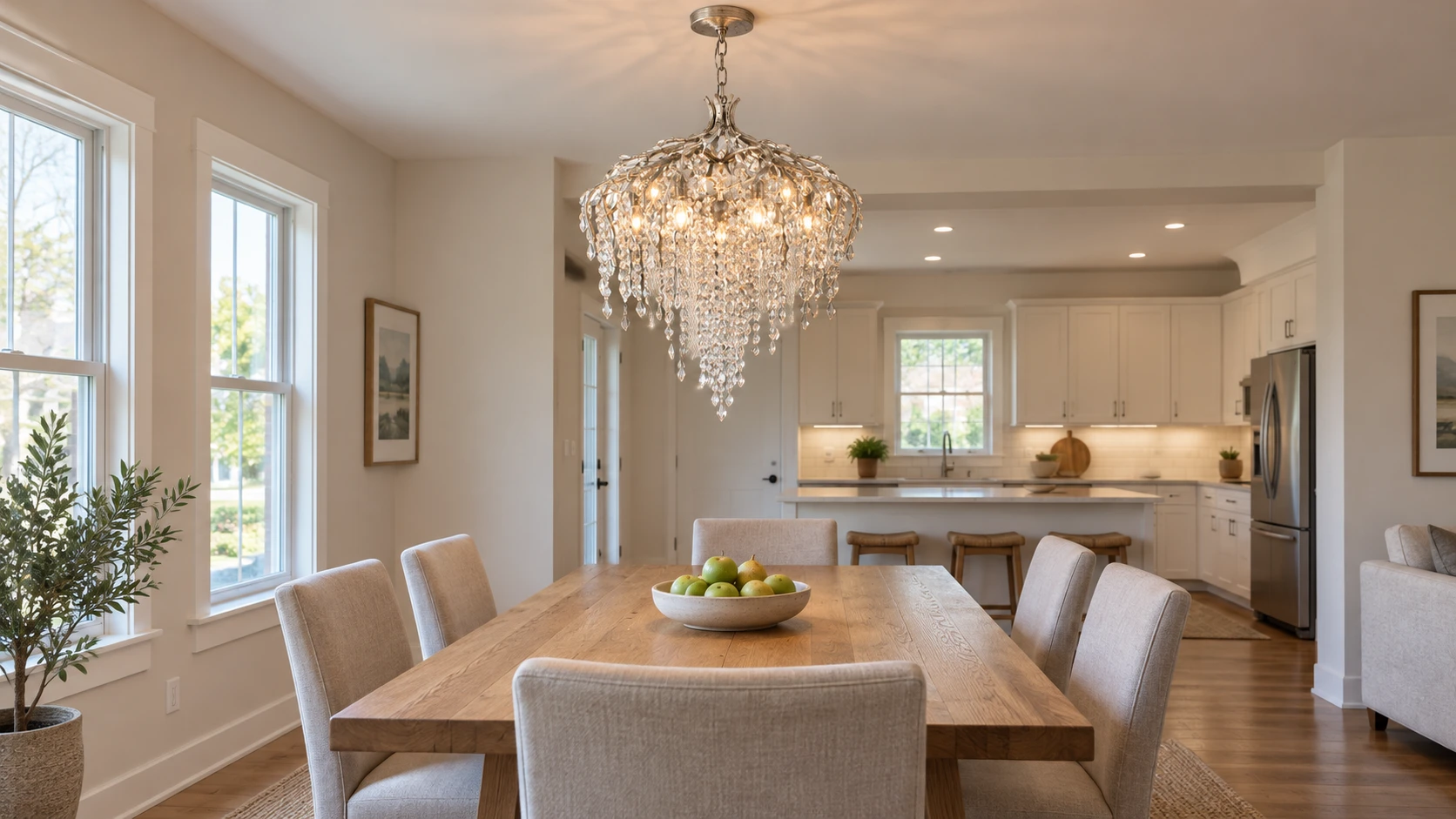 Lustre en cristal Seraphina en cascade au-dessus d'une table à manger familiale