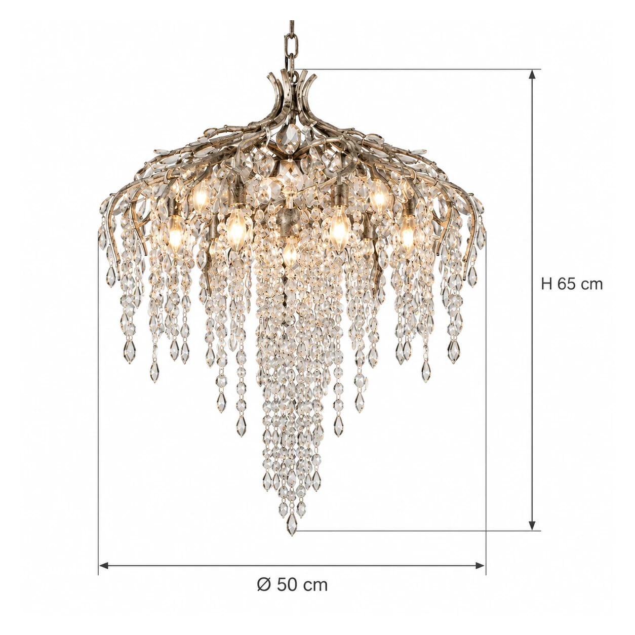Dimensions du lustre Seraphina : 50 cm de diamètre et 65 cm de hauteur