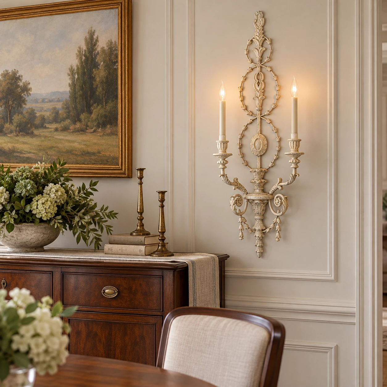 Maren carved wood wall sconce beside a dining room sideboard