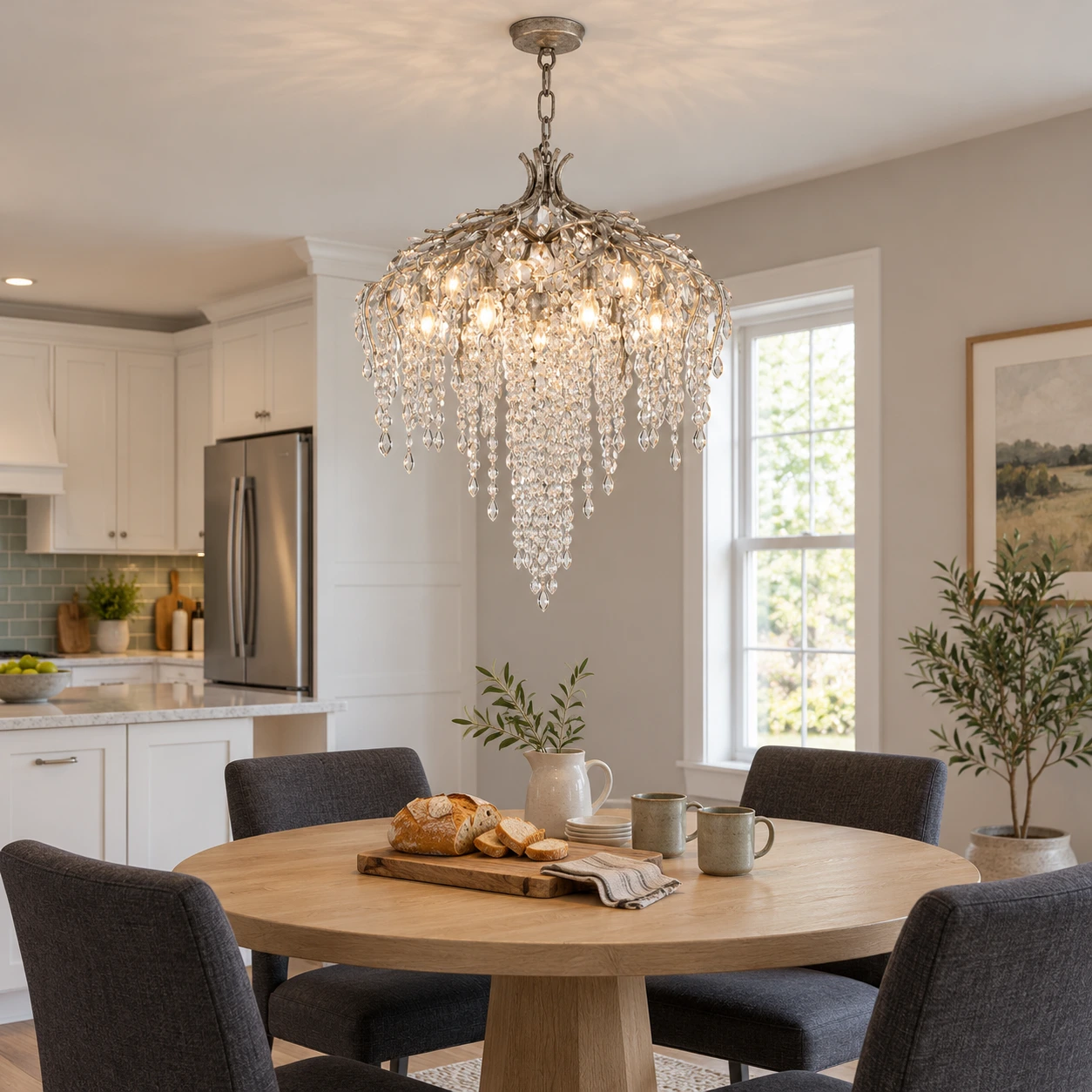 Lustre en cristal Seraphina à cascade installé au-dessus d'une table à manger