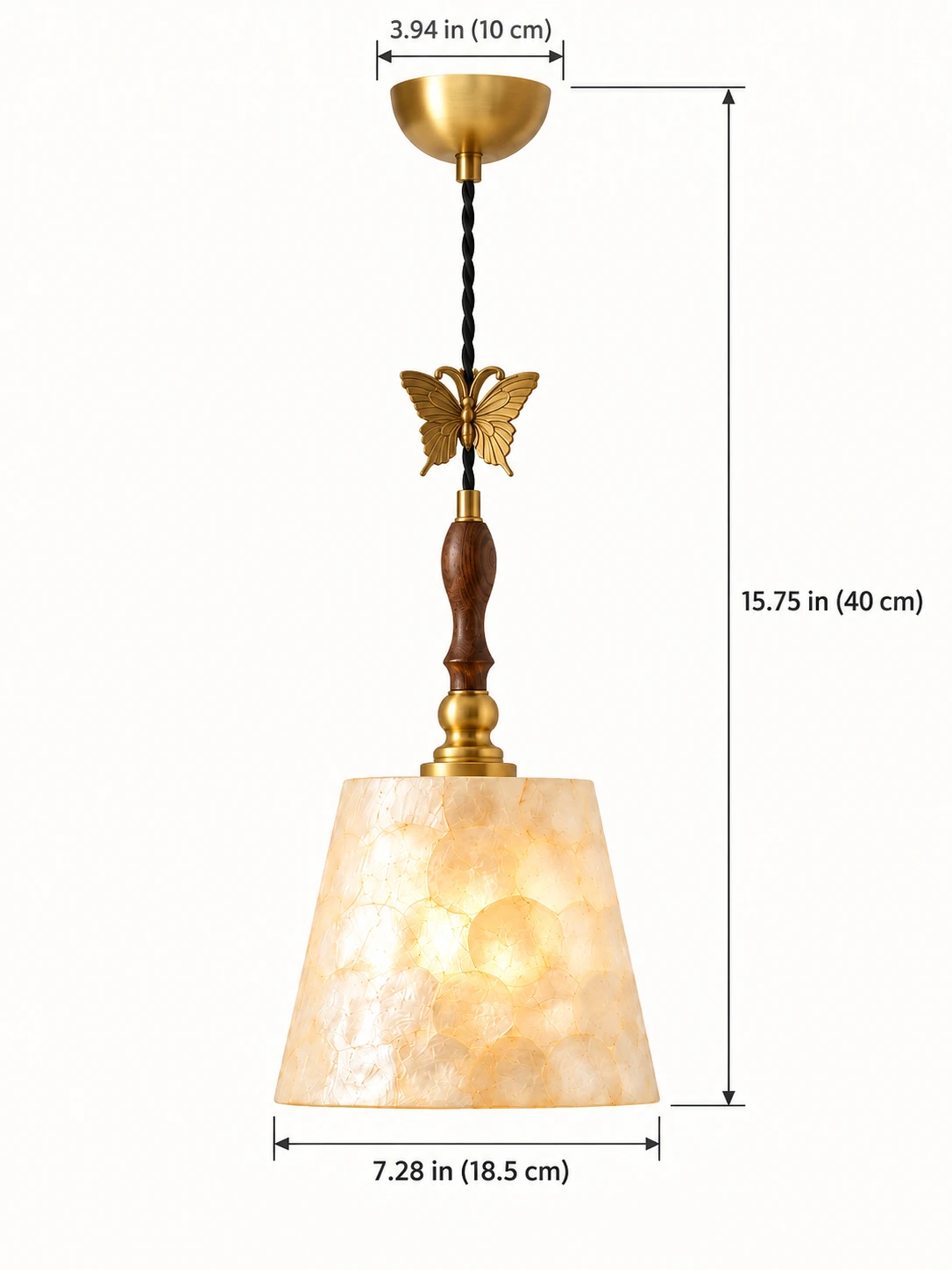 Elena hanglamp met plafonddiameter, kapdiameter en armatuurhoogte.