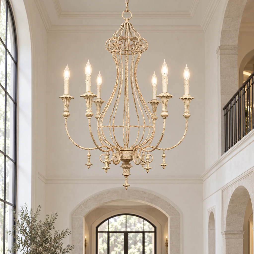 Elowen six-light distressed iron chandelier in a tall pale foyer