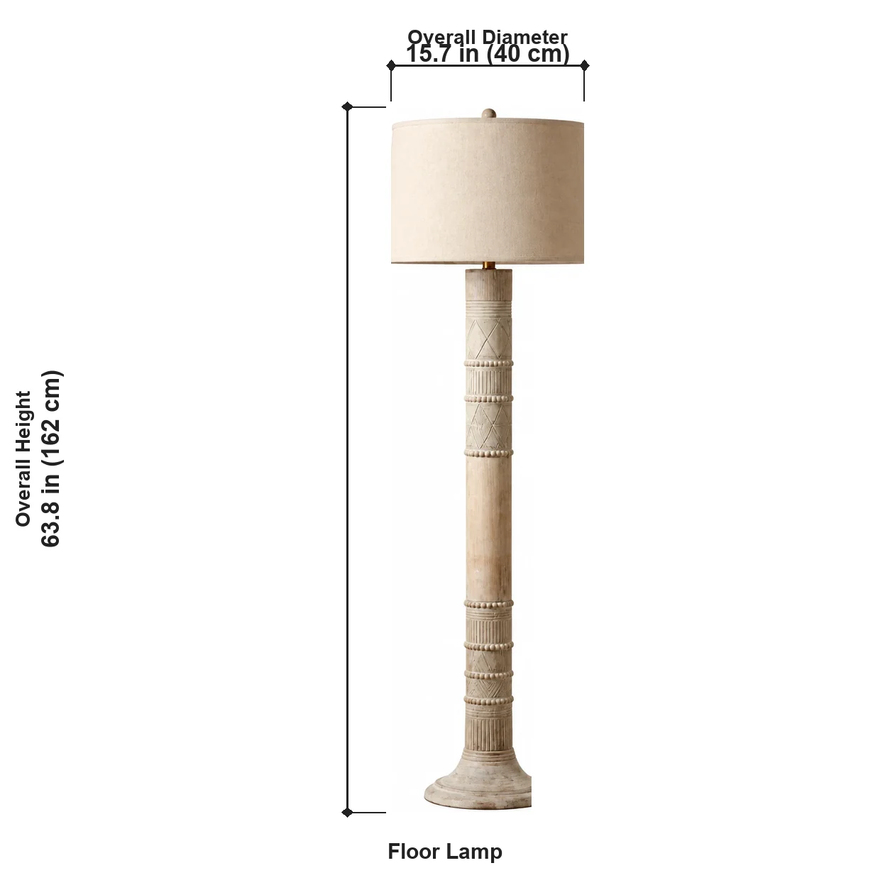 Floor lamp dimensions, diameter 40 cm and height 162 cm