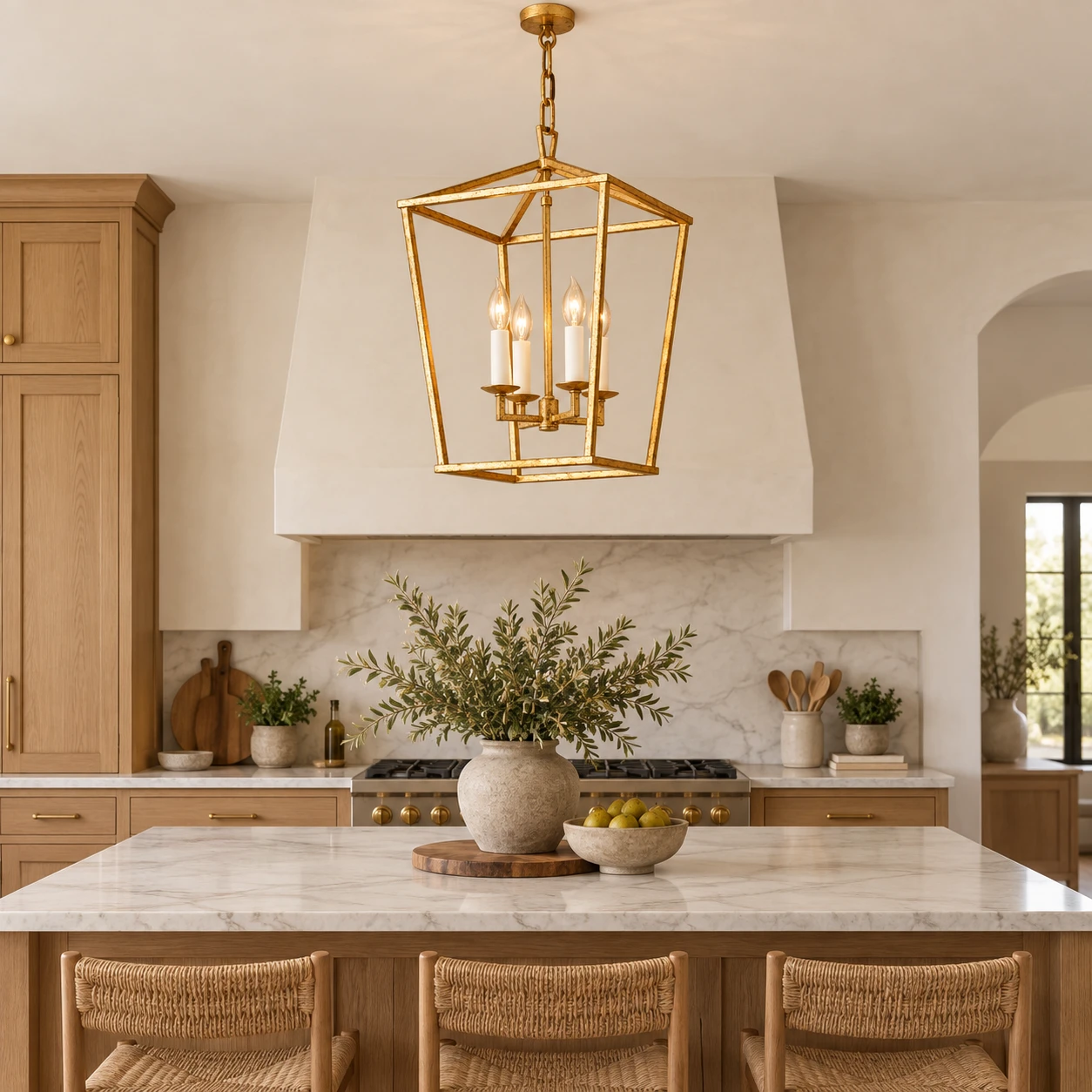 Nora Vintage Caged Iron Chandelier above a kitchen island