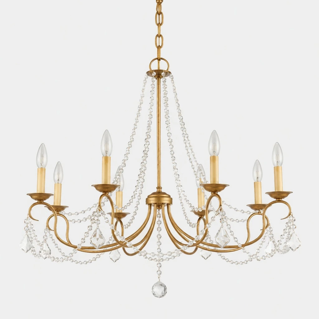 Mila American Vintage Crystal and Iron Chandelier, Antique Gold Crystal, switched-off product in a neutral studio