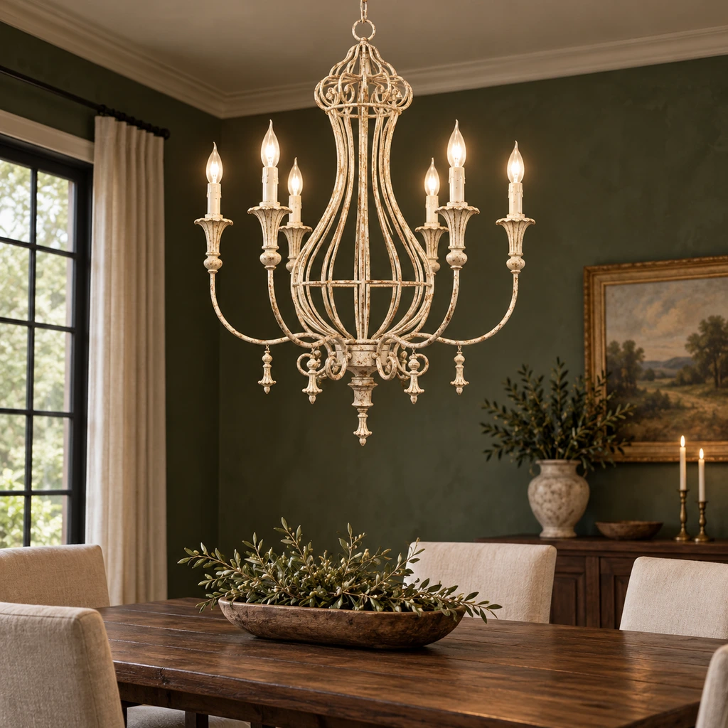 Elowen six-light distressed iron chandelier above a walnut dining table