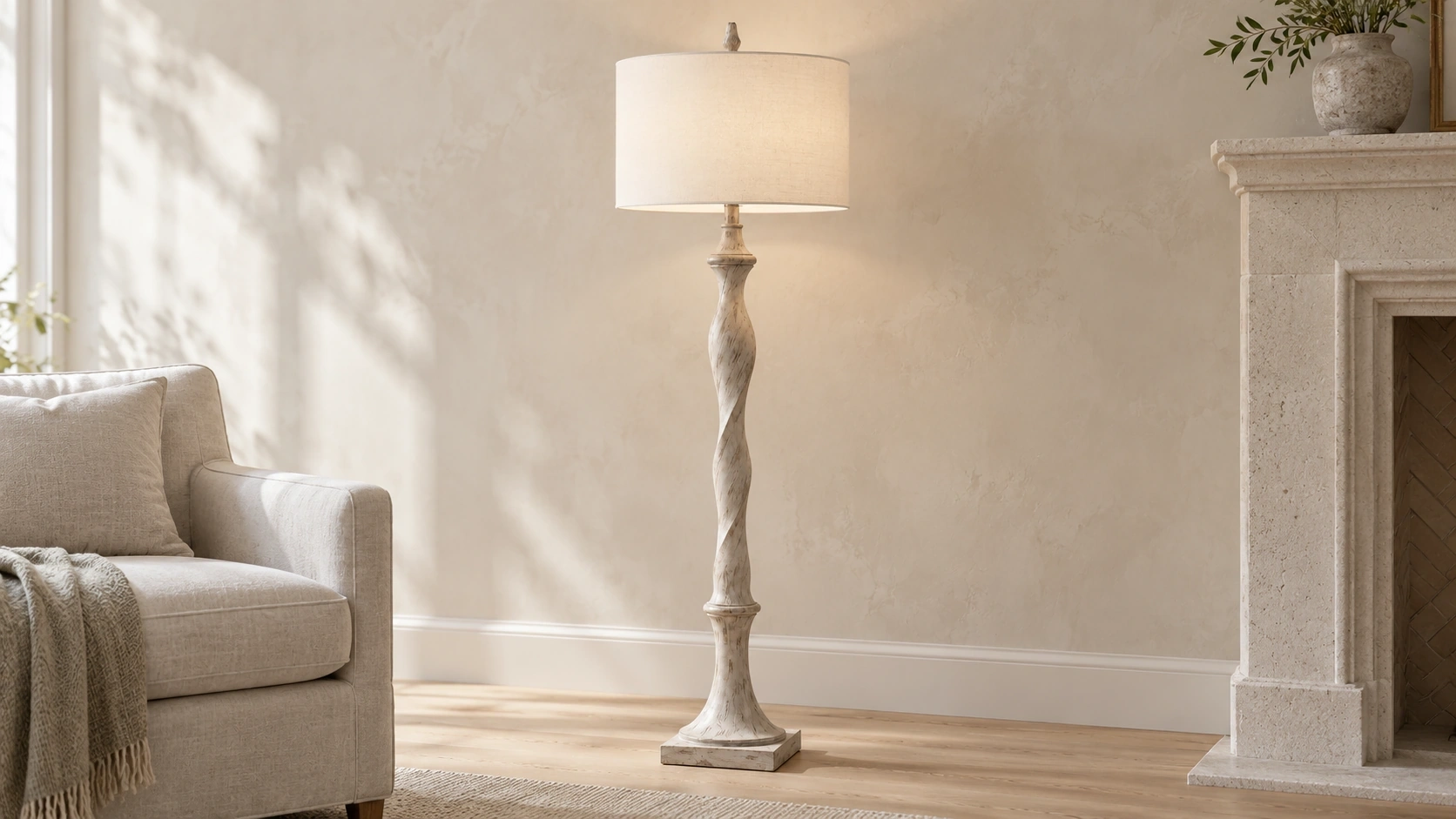 Mira whitewashed wood floor lamp in a bright living room