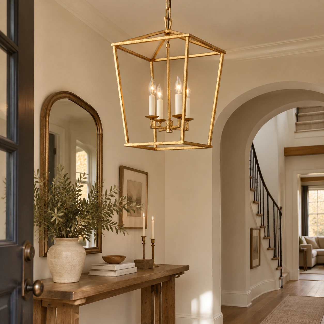 Nora Vintage Caged Iron Chandelier in an American home entryway