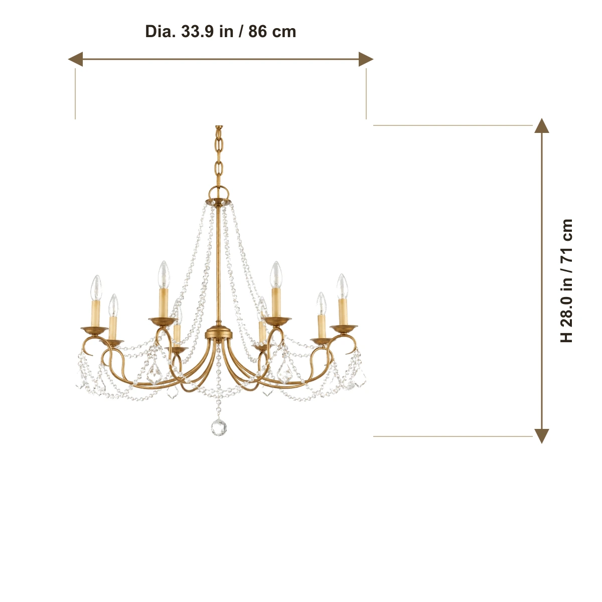Mila chandelier dimensions: 33.9 inch diameter and 28 inch height