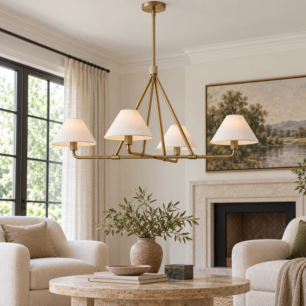 4-Light gold Maren chandelier in a living room