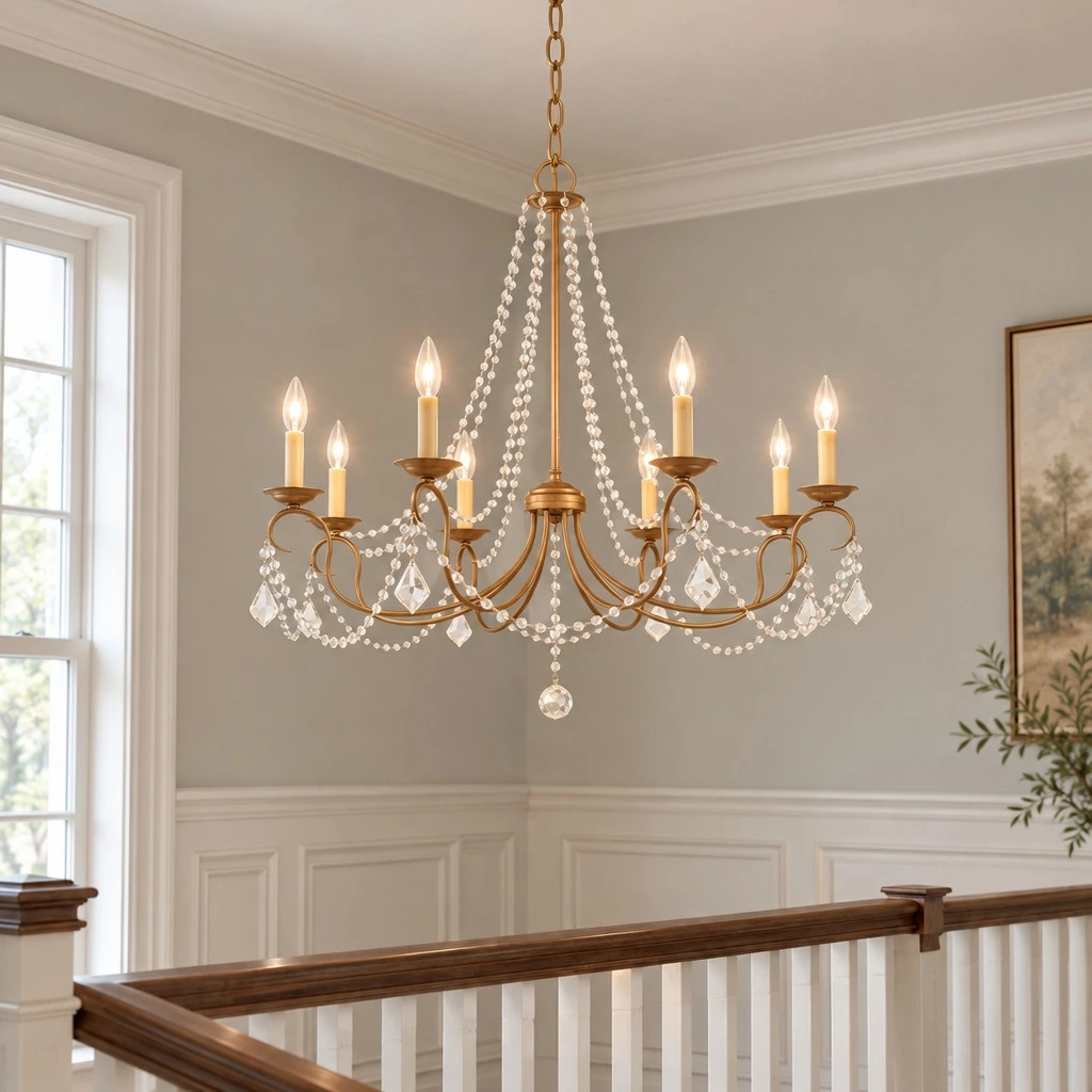 Mila American Vintage Crystal and Iron Chandelier, Antique Gold Crystal, medium-near hospitality setting