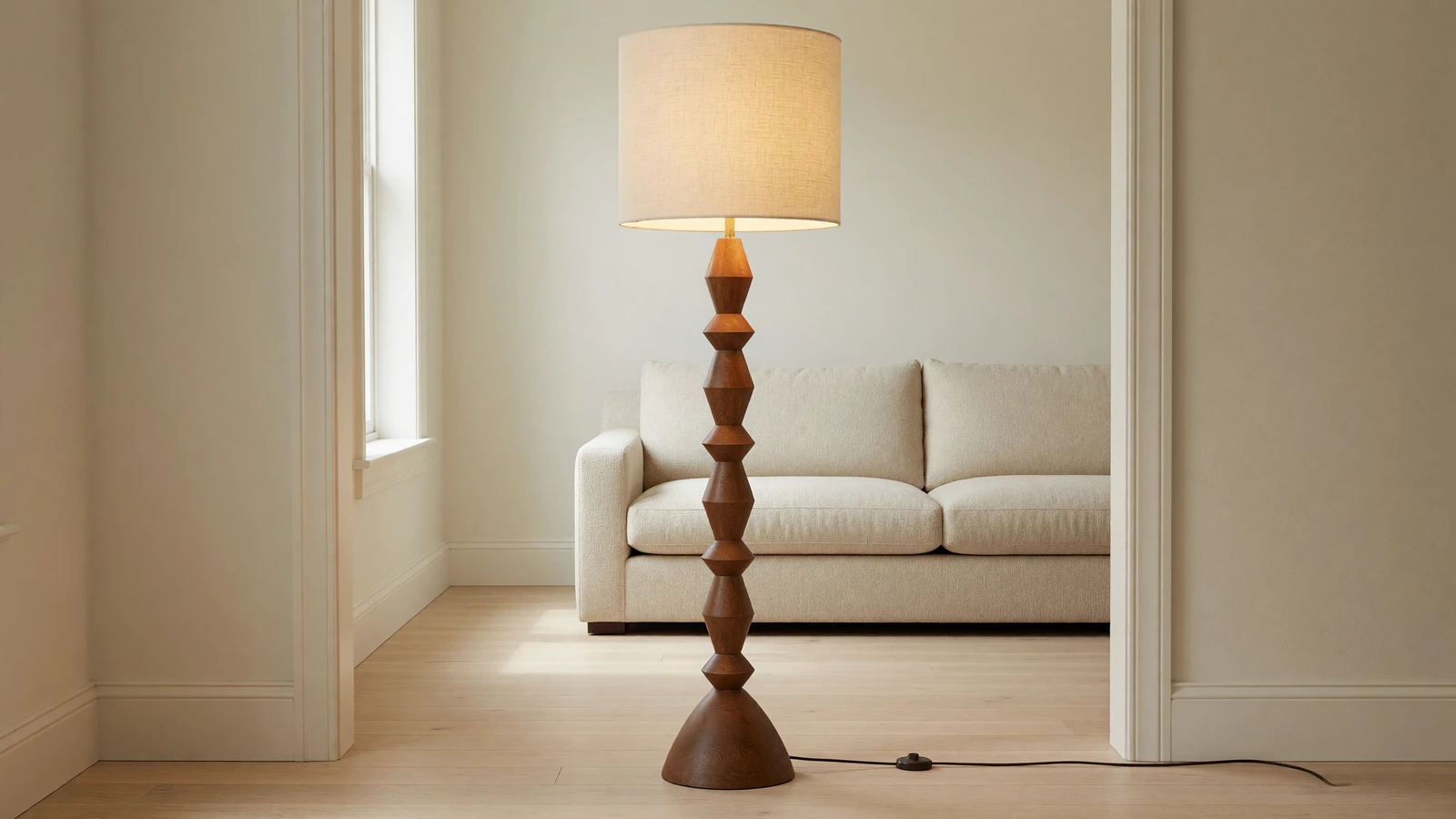 Maya Vintage Carved Wood and Fabric Floor Lamp in an American Rustic interior