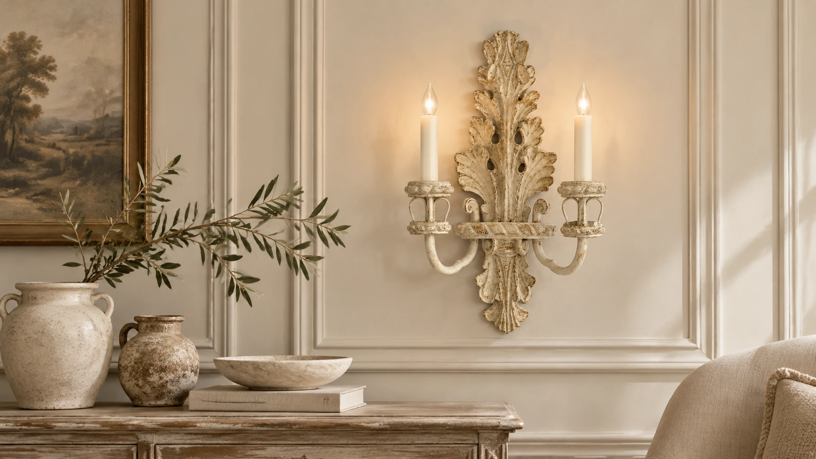 Two-light carved wood candle wall sconce above a console