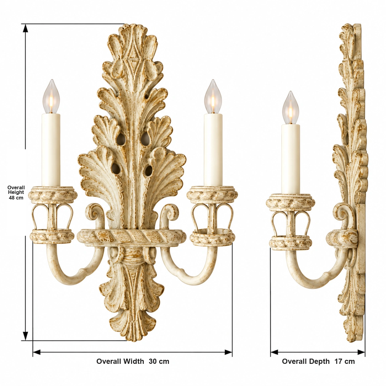 Two-light wood wall sconce dimensions, width 30 cm, height 48 cm, depth 17 cm