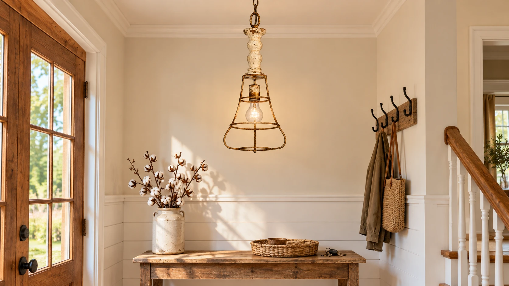 Rustic wood-and-iron cage pendant above a farmhouse entry console