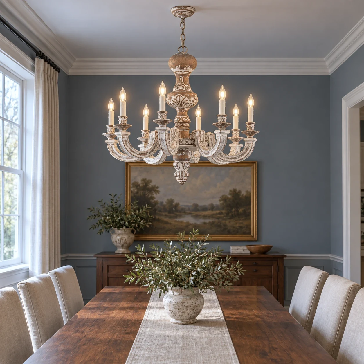 Elowen eight-light wood chandelier above a dining table in a blue-gray dining room