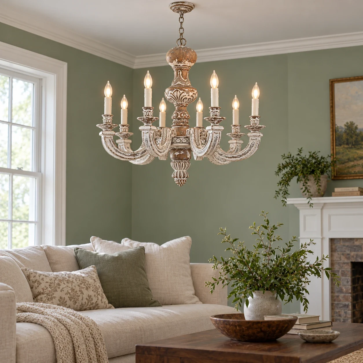 Elowen eight-light wood chandelier above a linen sofa in a soft sage living room