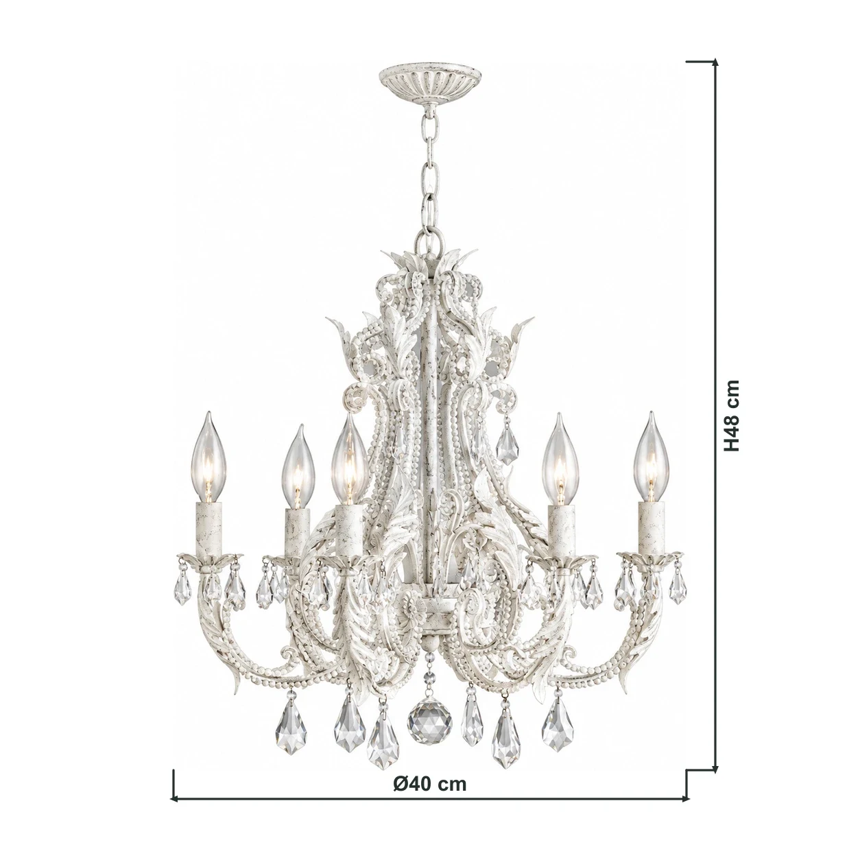 Dimensões do lustre Camille de 6 luzes: Ø40 cm × A48 cm, com linhas de dimensão conectadas ao contorno do produto.