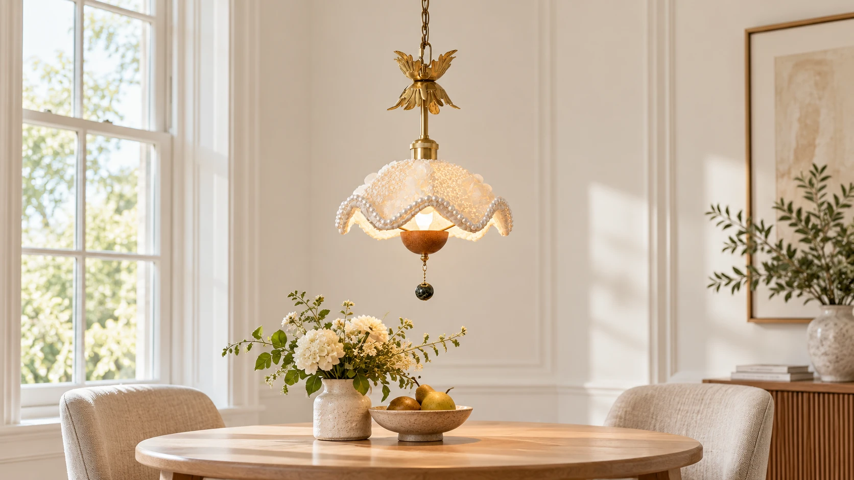 Suspension Sophie en tissu à motif floral centrée au-dessus d'une table à manger