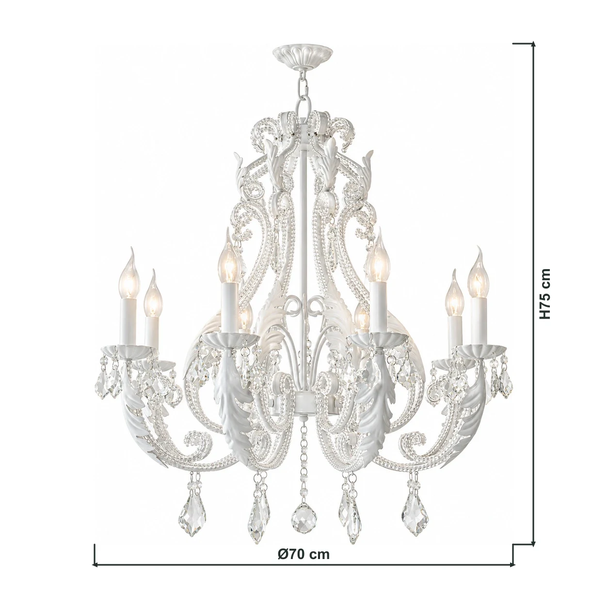 Dimensões do lustre Camille de 8 luzes: Ø70 cm × A75 cm, com linhas de dimensão conectadas ao contorno do produto.