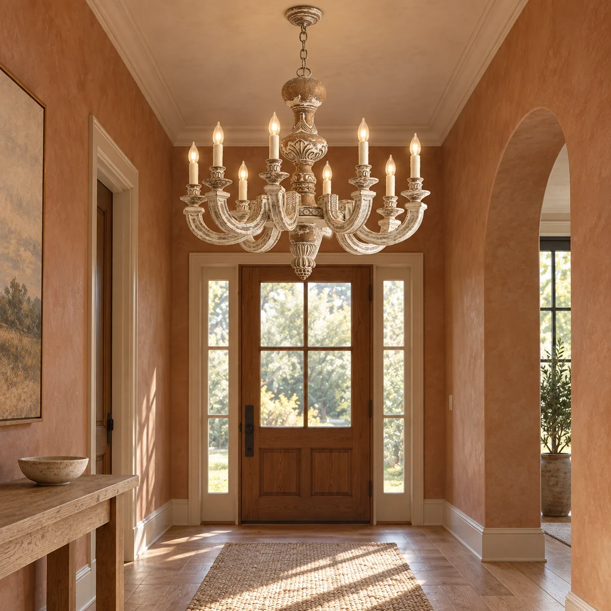 Elowen eight-light wood chandelier in a warm clay foyer with console table