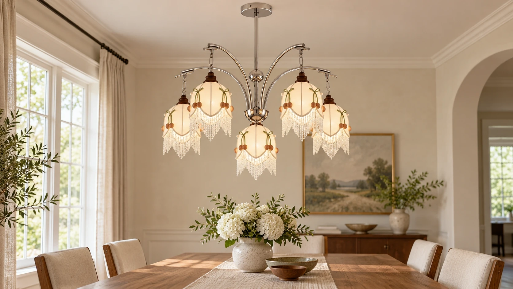 Lucia branching floral fabric chandelier centered above a dining table