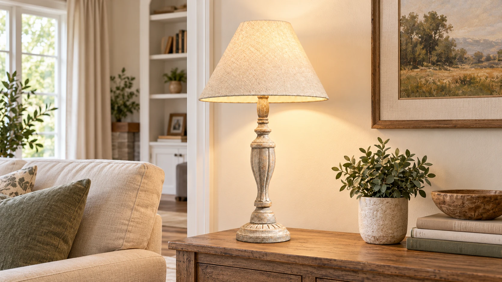 Distressed solid-wood column table lamp on a living room console