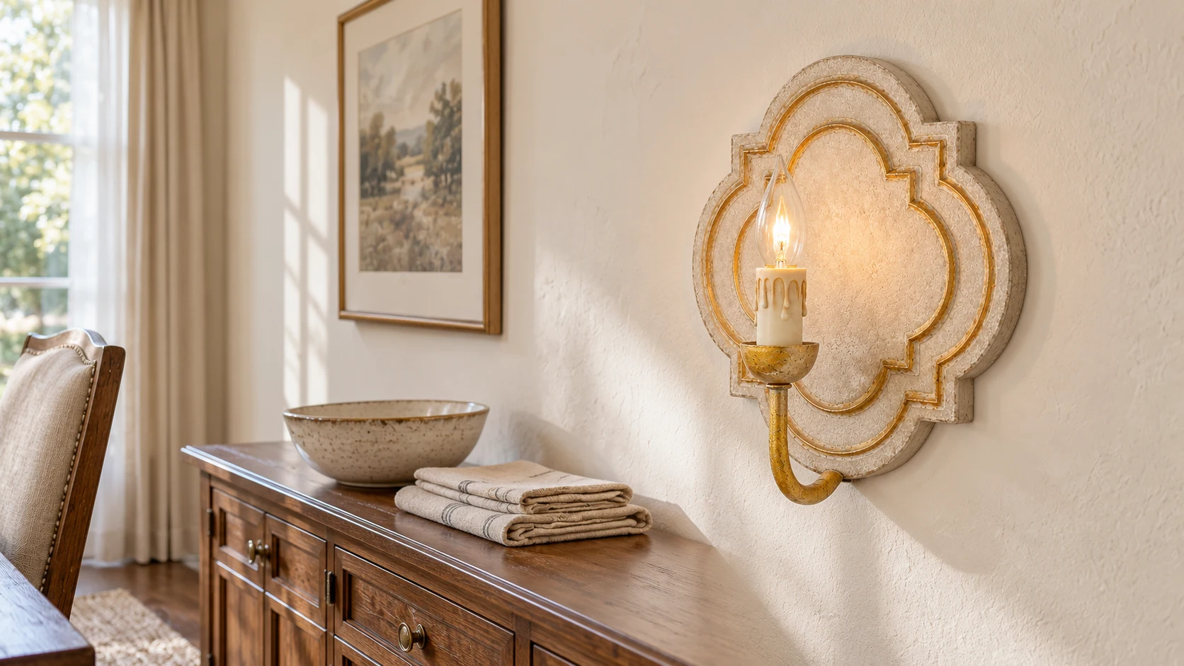 Nola carved quatrefoil wood wall sconce beside a dining sideboard