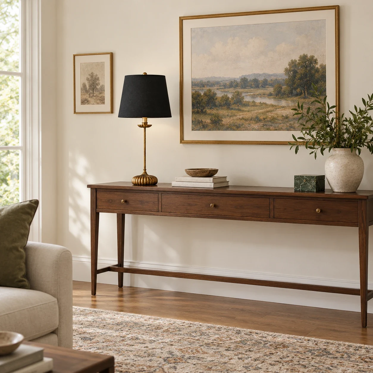 Clove table lamp on a cream living room console