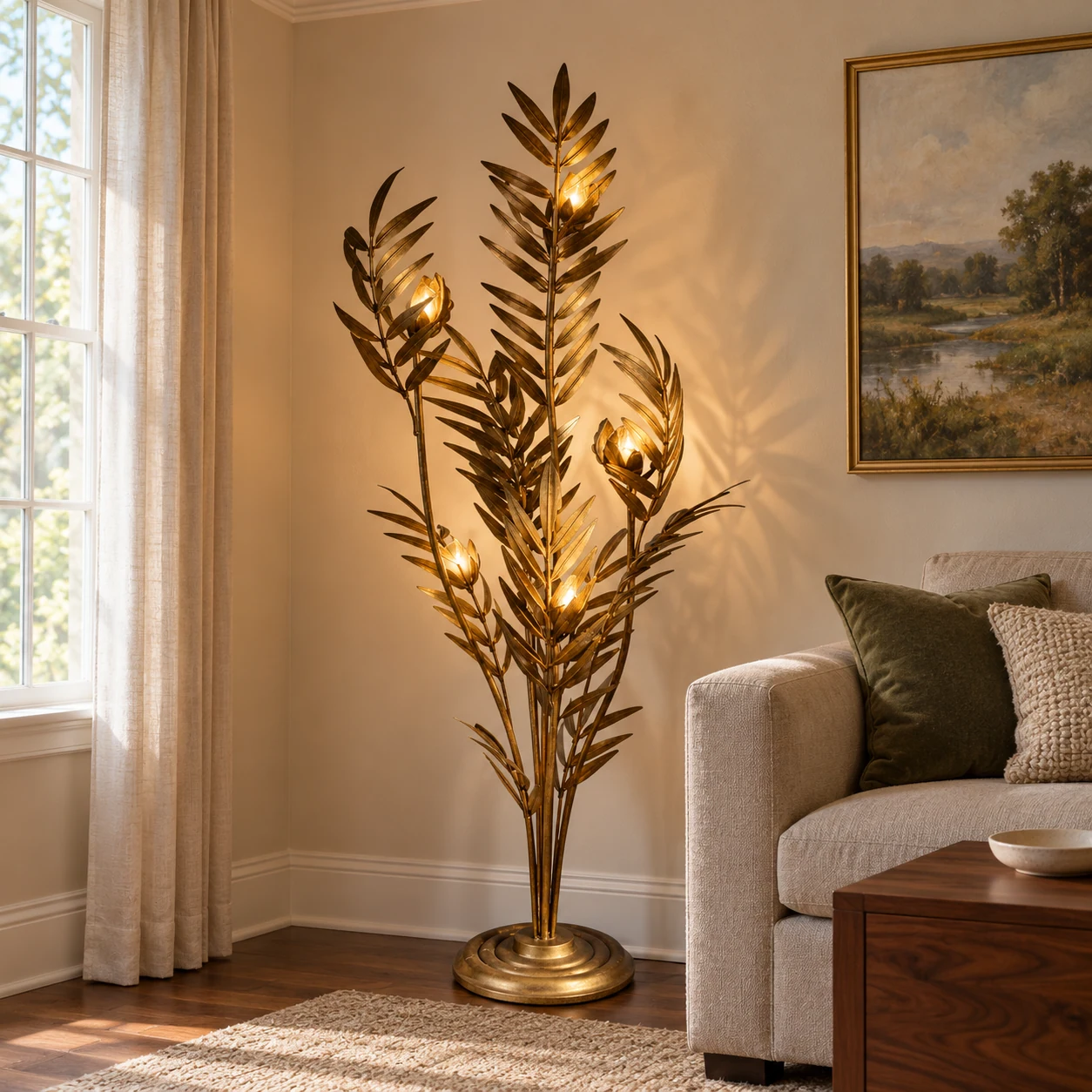 Liora palm leaf iron floor lamp in aged gold beside a living room sofa