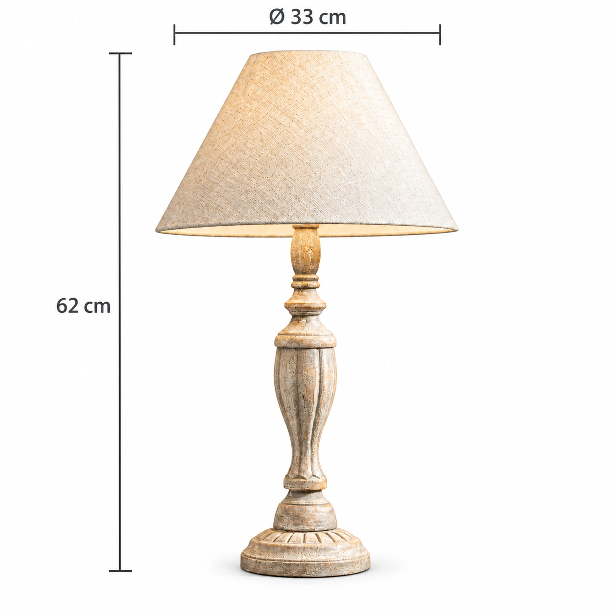Table lamp dimensions: diameter 33 cm, overall height 62 cm