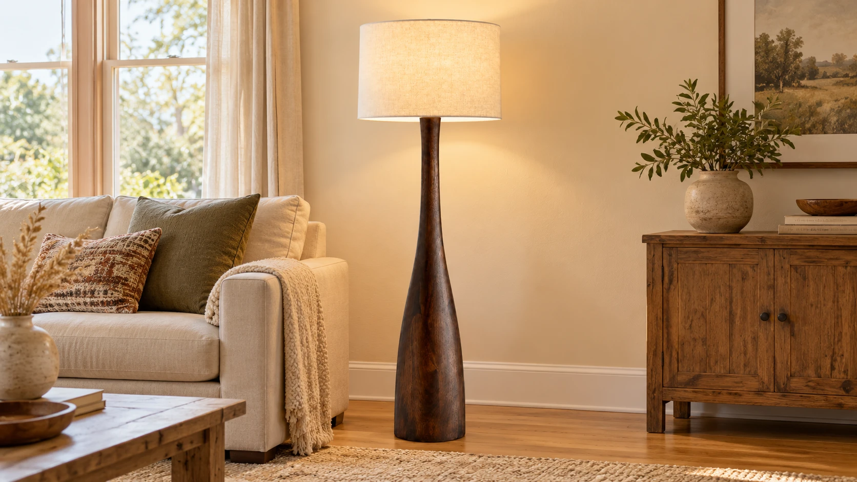 Lámpara de pie de madera maciza con forma de lágrima junto a un sofá en una sala de estar.