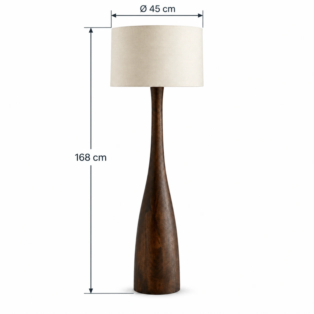 Dimensiones de la lámpara de pie: diámetro de la pantalla 45 cm, altura total 168 cm.