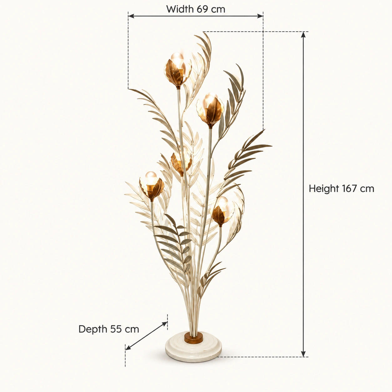 Liora Distressed White floor lamp dimensions: width 69 cm, depth 55 cm, height 167 cm