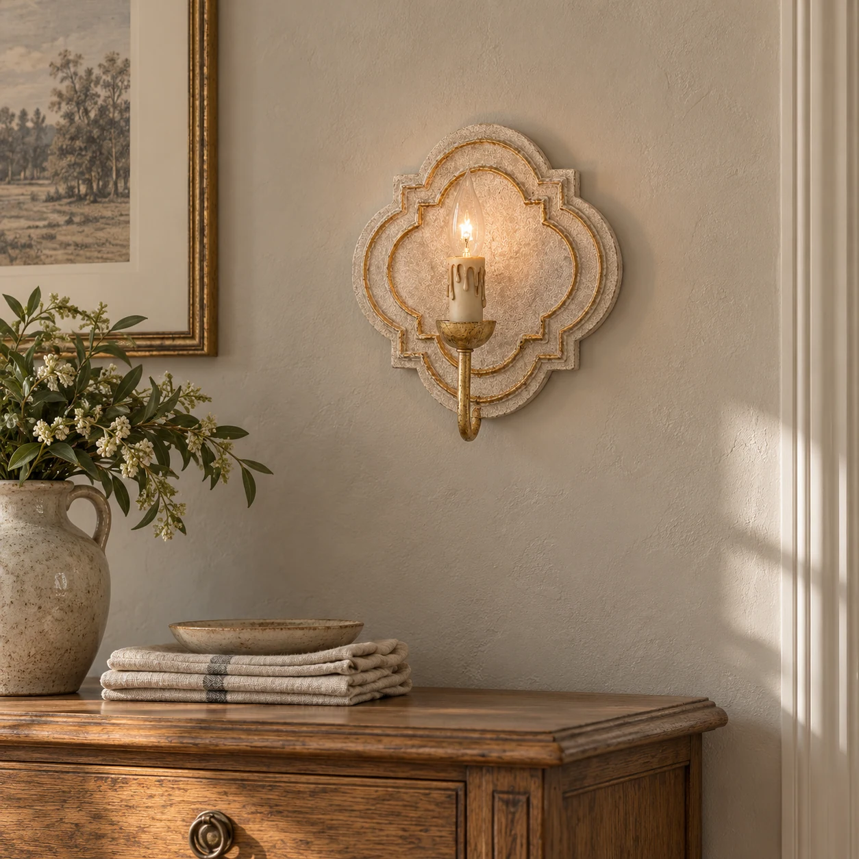 Nola wall sconce beside a dining sideboard