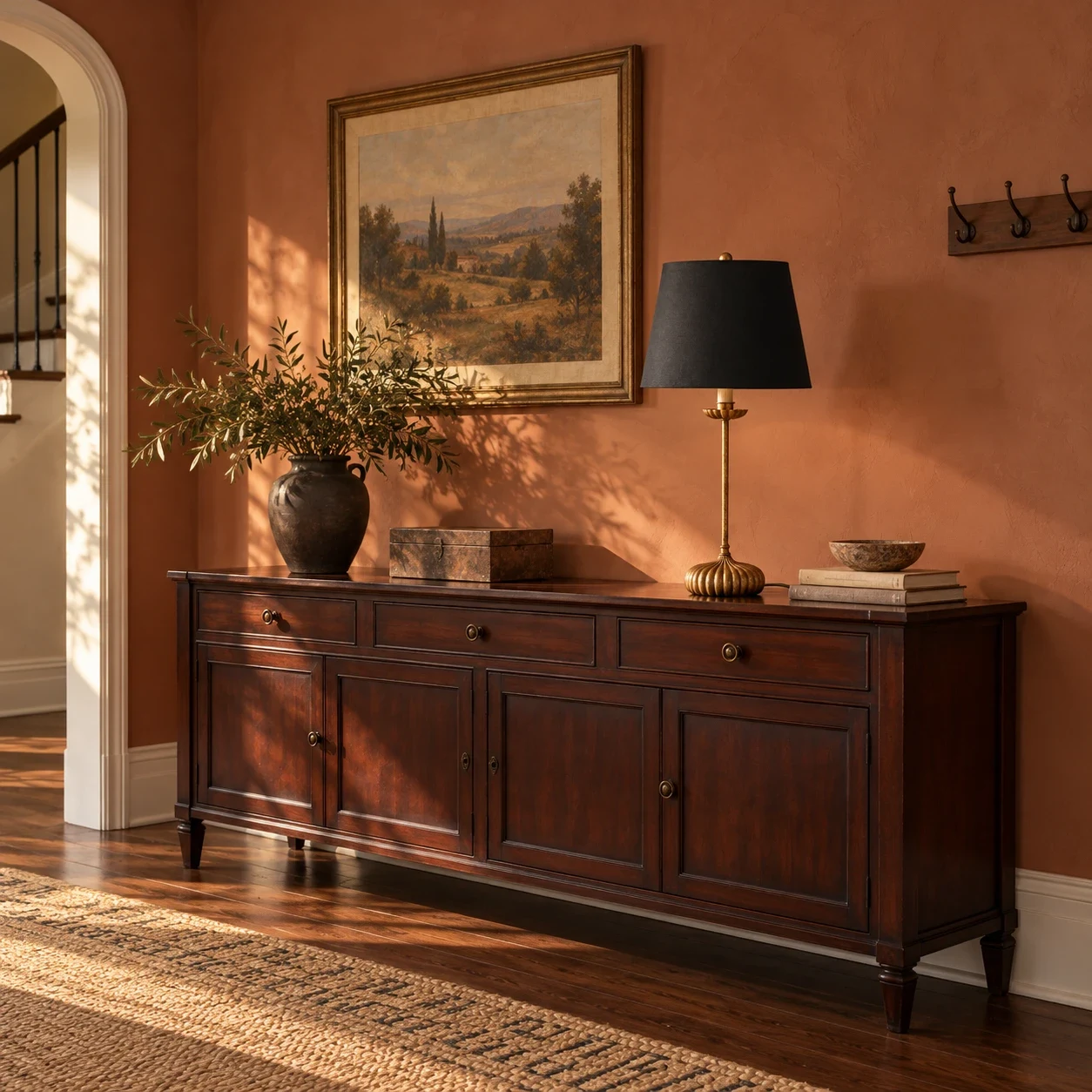 Clove table lamp on an entry sideboard
