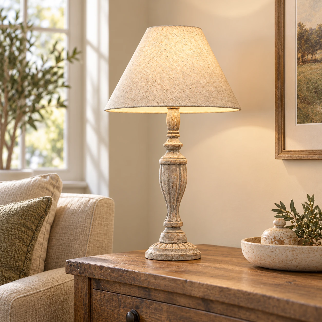 Distressed solid-wood column table lamp on a living room console