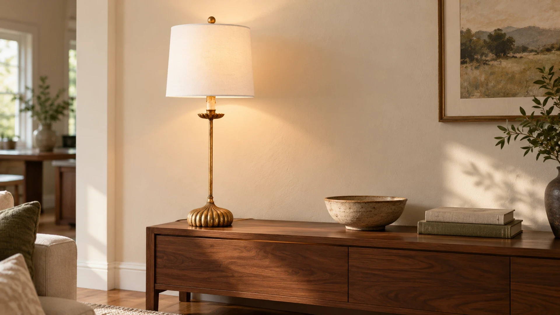 Clove distressed-gold fluted iron table lamp on a living room console